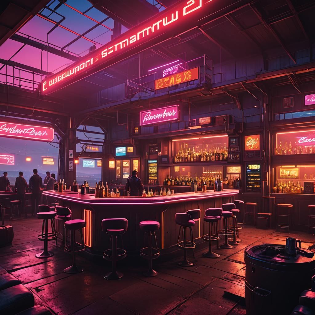Cyberpunk Bar at Sunset on a Farm