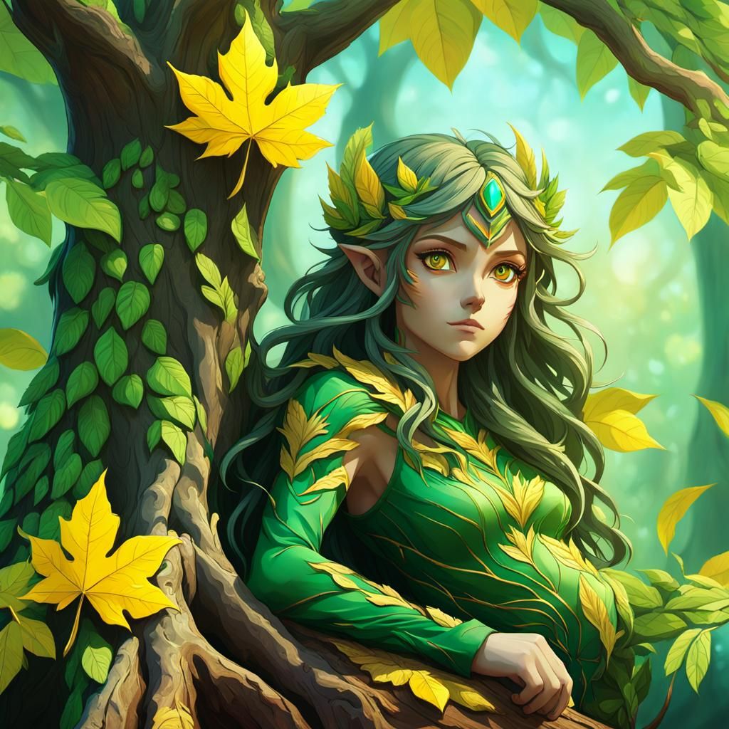 Half-Human Dryad with Yellow Eyes in Anime Style