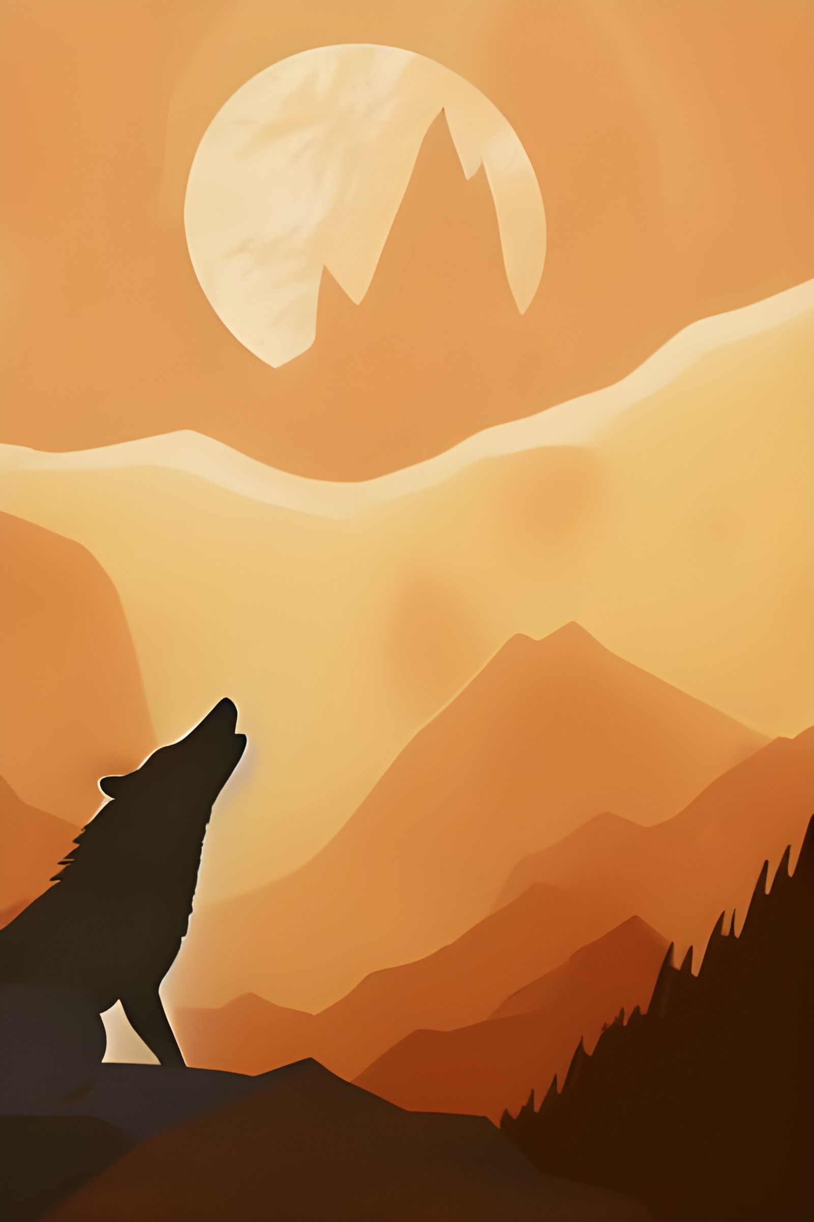 Wolf Howling in Fantasy Mountains: Ink Drawing