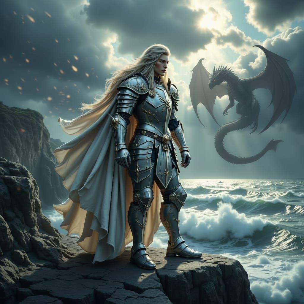 Knight Defies Dragon on Windswept Cliff