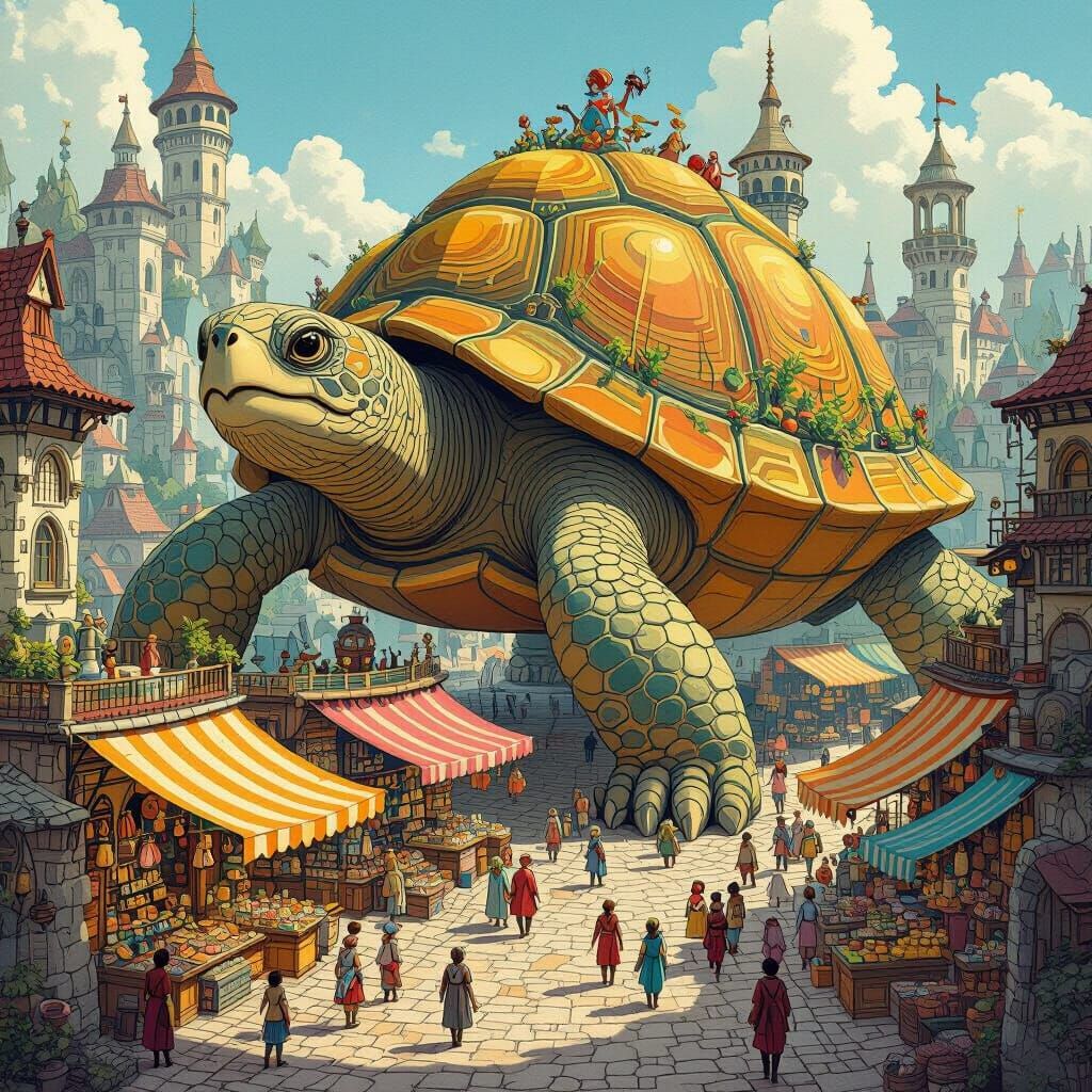 Fantastical Turtle City Marketplace with Exotic Wares