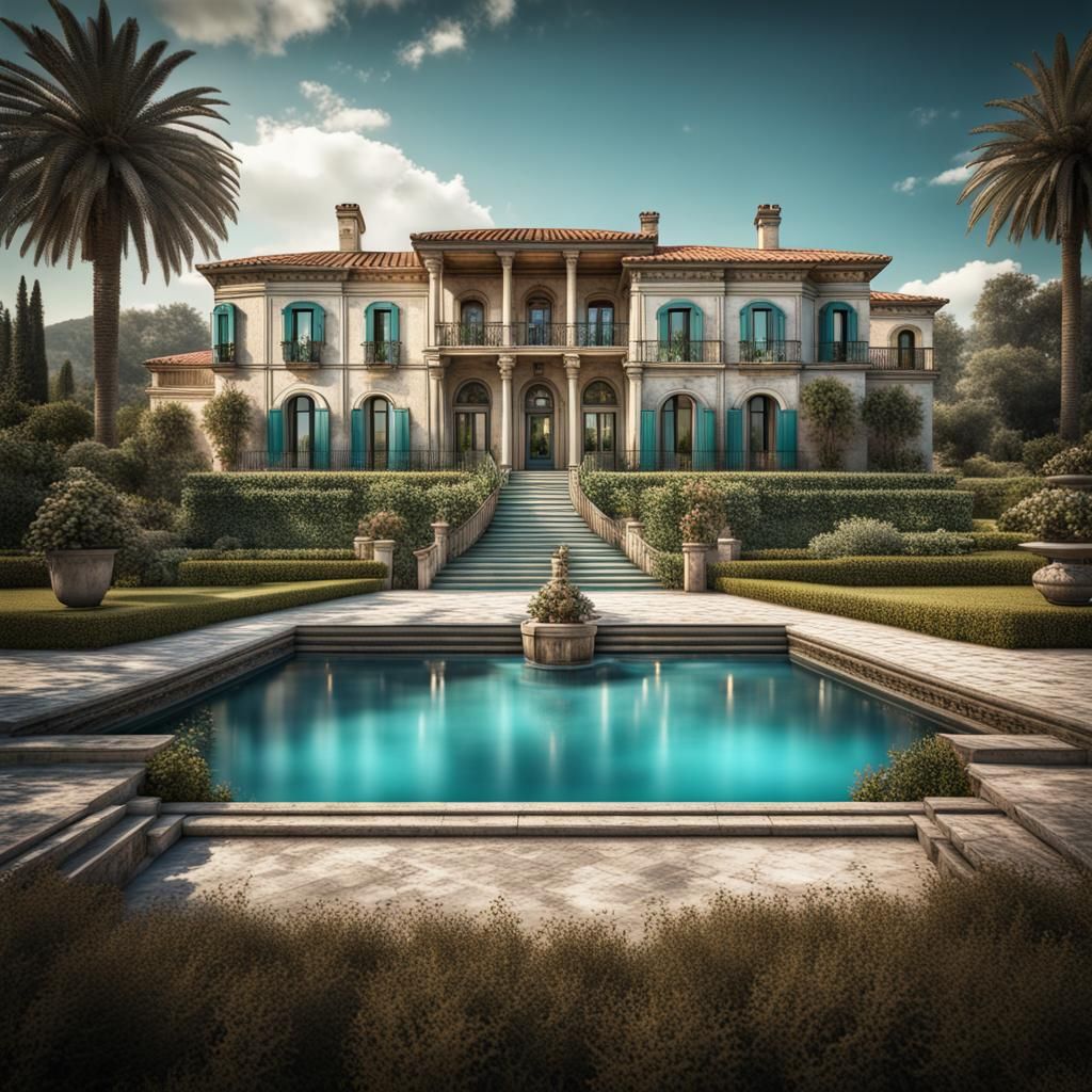 Mediterranean Mansion on Turquoise Lake: Hyperrealistic View