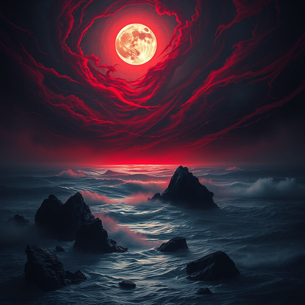 Surreal Seascape Under a Crimson, Dead Moon