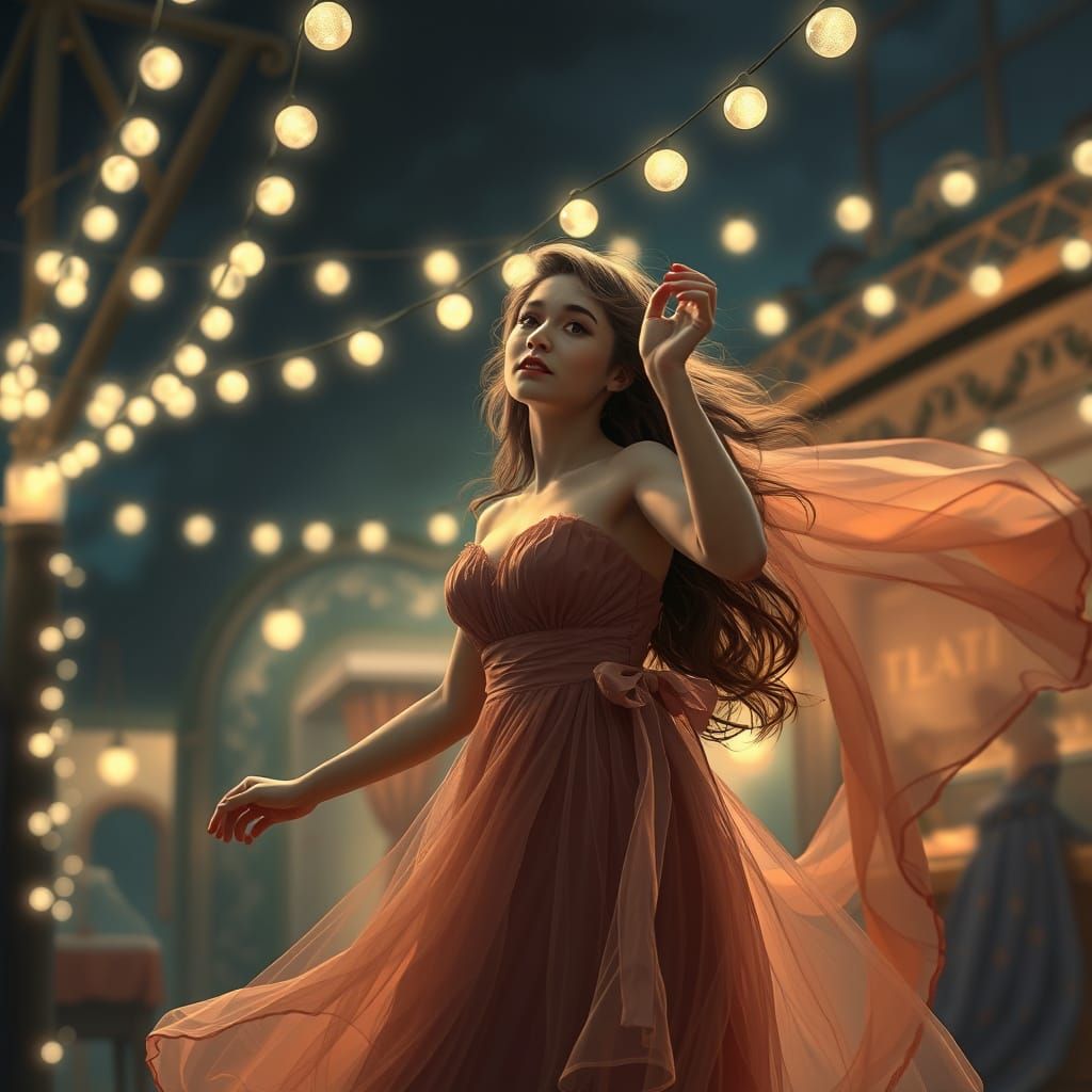 Woman Dancing in Dreamlike Nighttime Scene