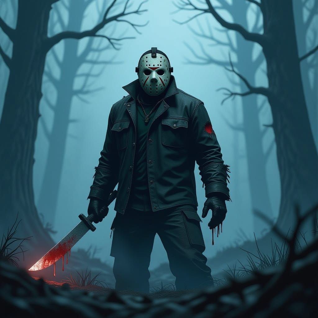 Jason Voorhees in Dark Green Foggy Forest Horror Scene