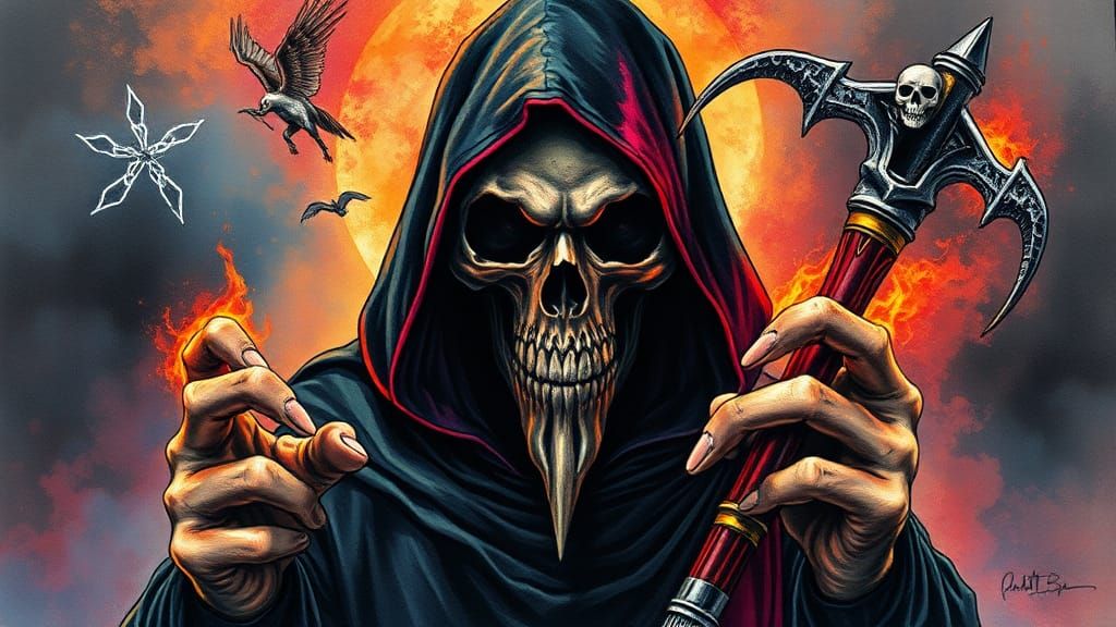 Grim Reaper Portrait in Gothic Watercolor Style