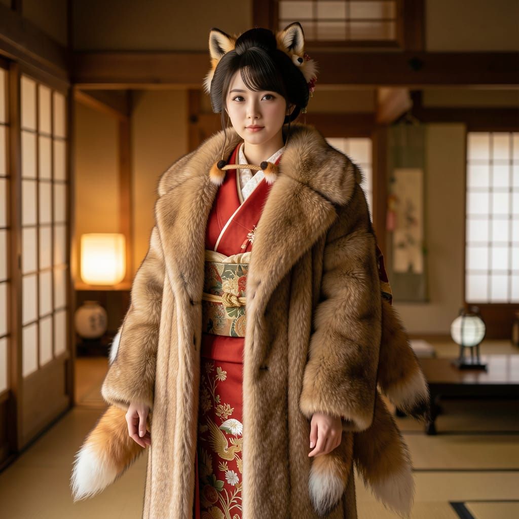 Japanese Woman in Fox Attire in Traditional Home