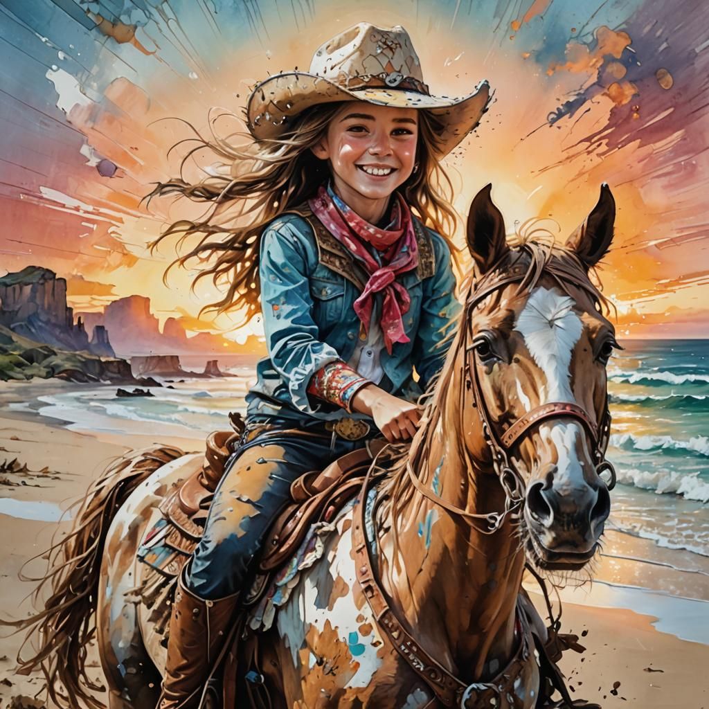 Happy Cowgirl on Horseback at Sunrise: Stylized Art