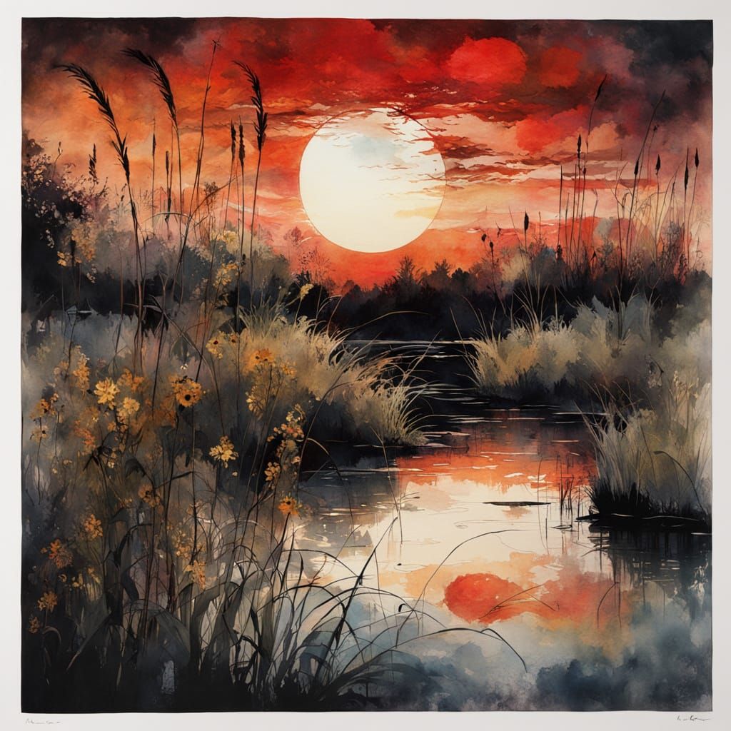 wild pond with reeds, wildflowers