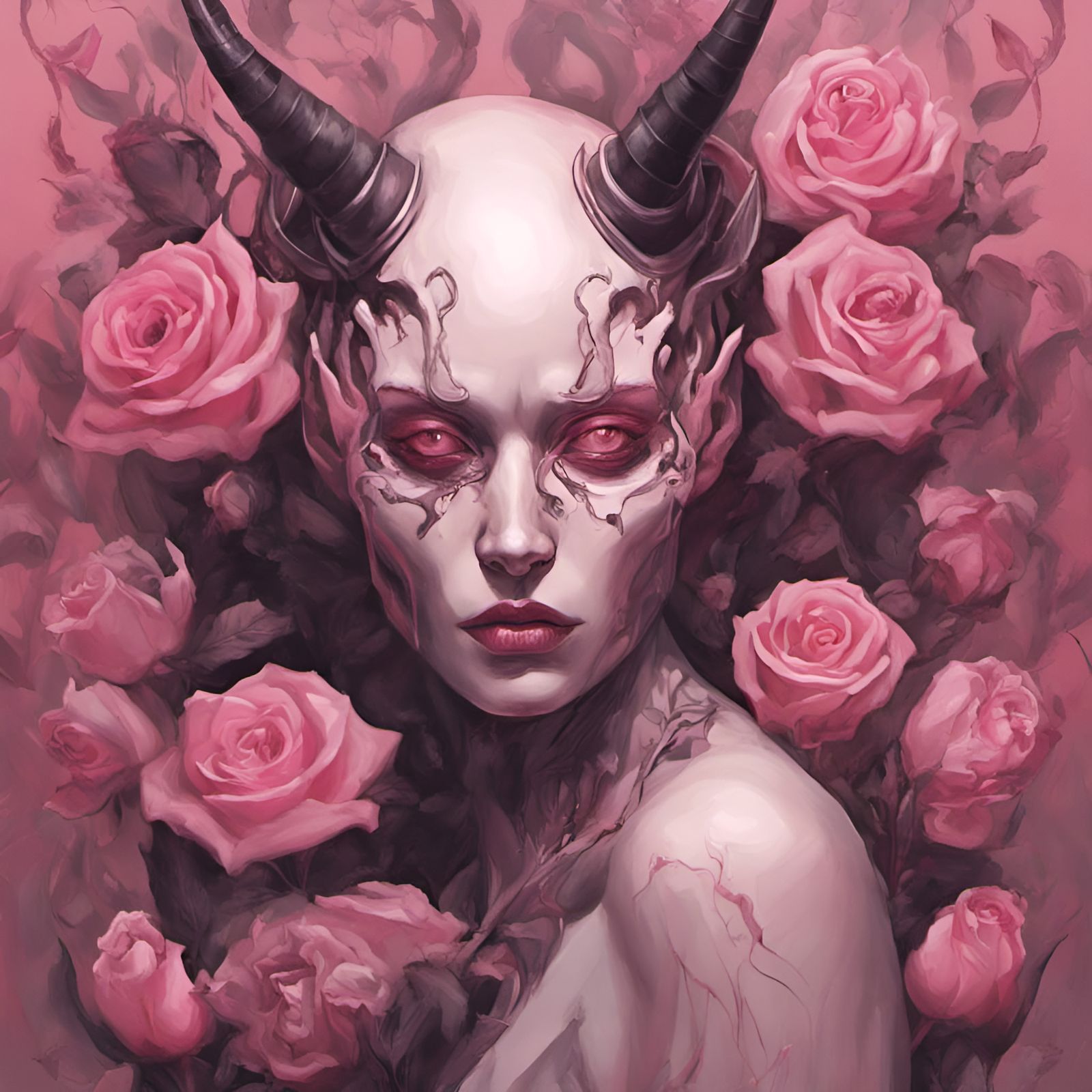 Devil Woman in Pink Flowers: Futuristic Realism
