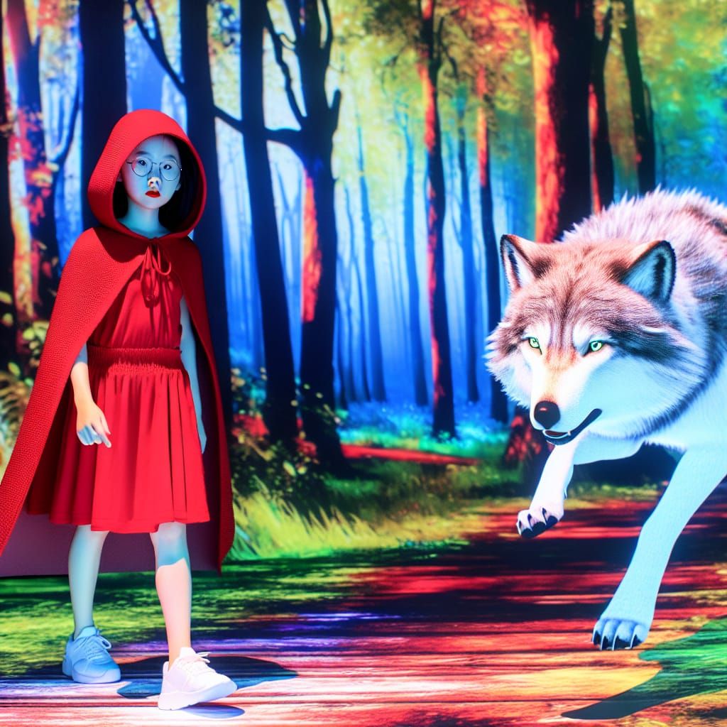 Girl in Red Hood Encounters Wolf in Forest