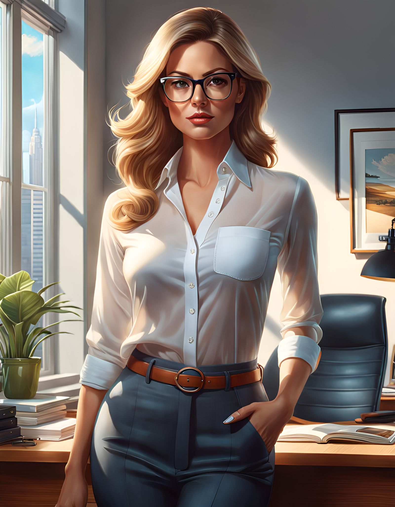 Gorgeous Woman in Sunny Office: Hyperrealistic Digital Art