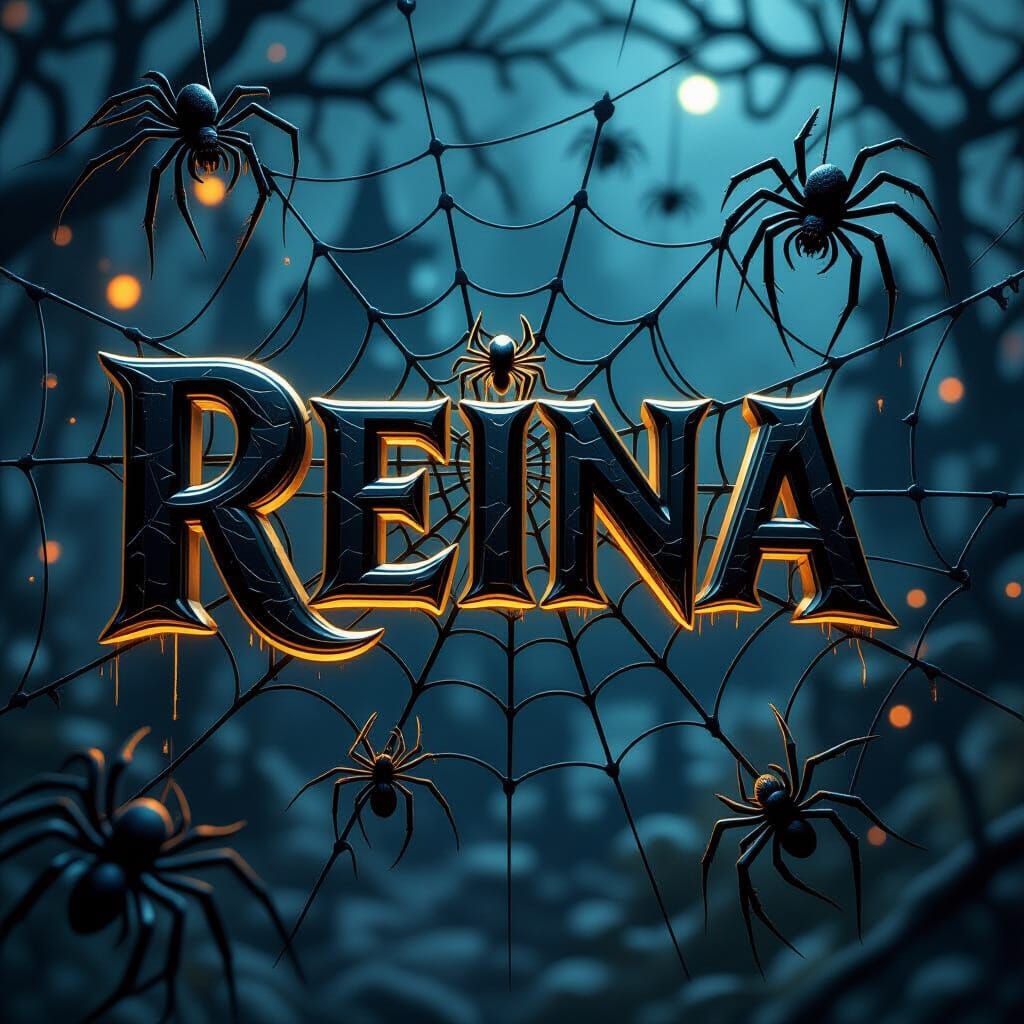 Reina in 3D Font with Spiderwebs: Halloween Digital Art
