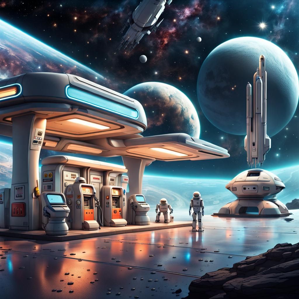 Sci-Fi Gas Station in Space with Robots