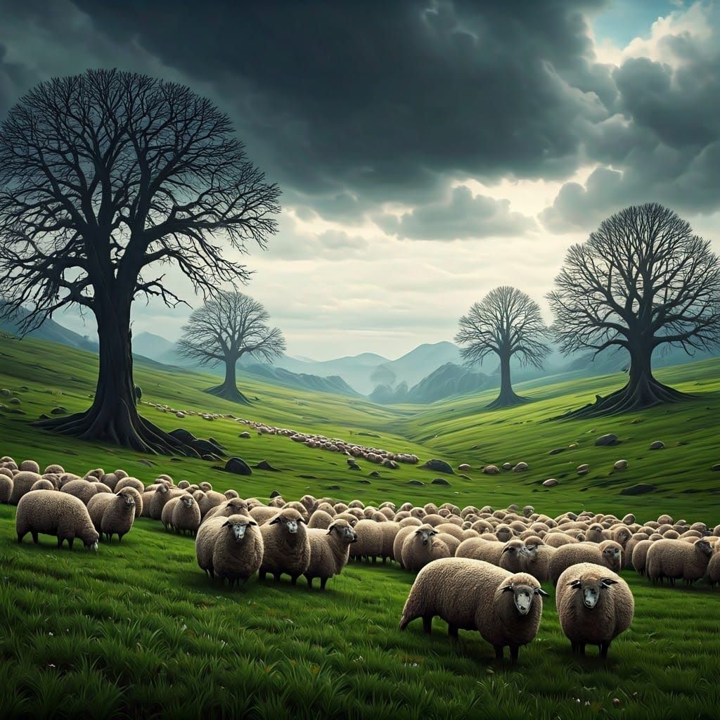 Sheep Roaming in Emerald Hills: Matte Painting