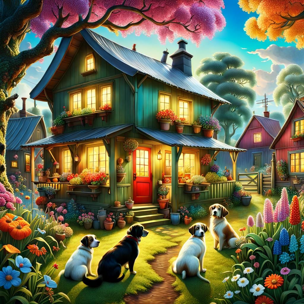 Colourful Farmhouse Scene with Children and Puppies