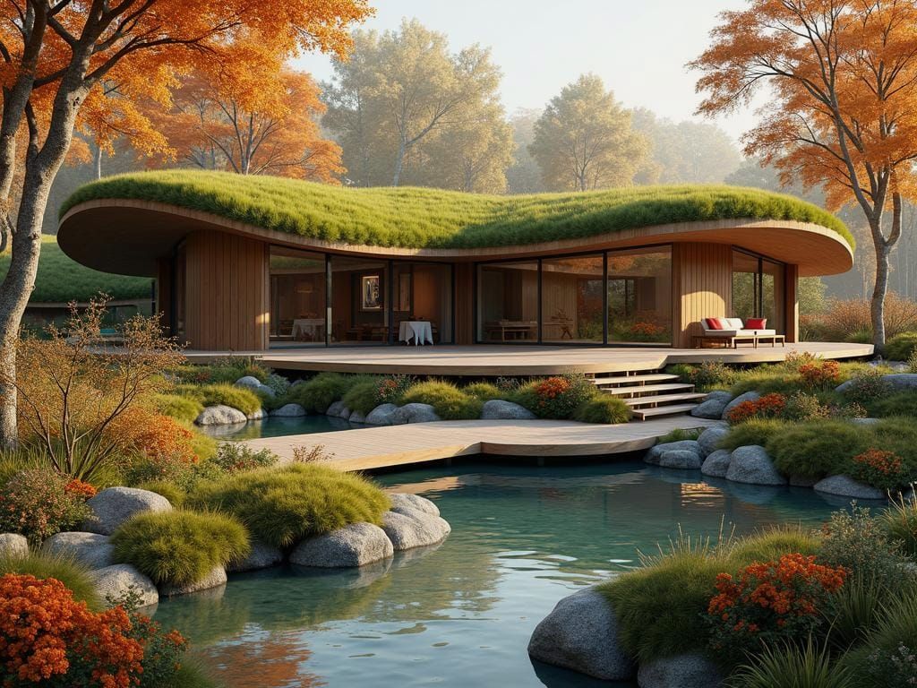 Autumnal Eco-Friendly Houses in Natural Landscape, 3D Render