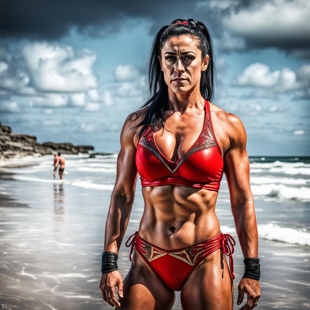 Bayley in Red Bikini on Beach, Hyperrealistic Image