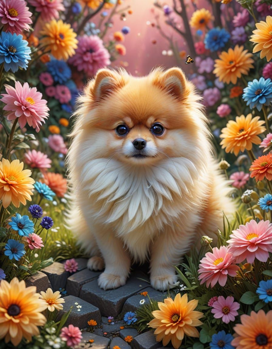 Cute Pomeranian in Colorful Floral Fantasy, 8K