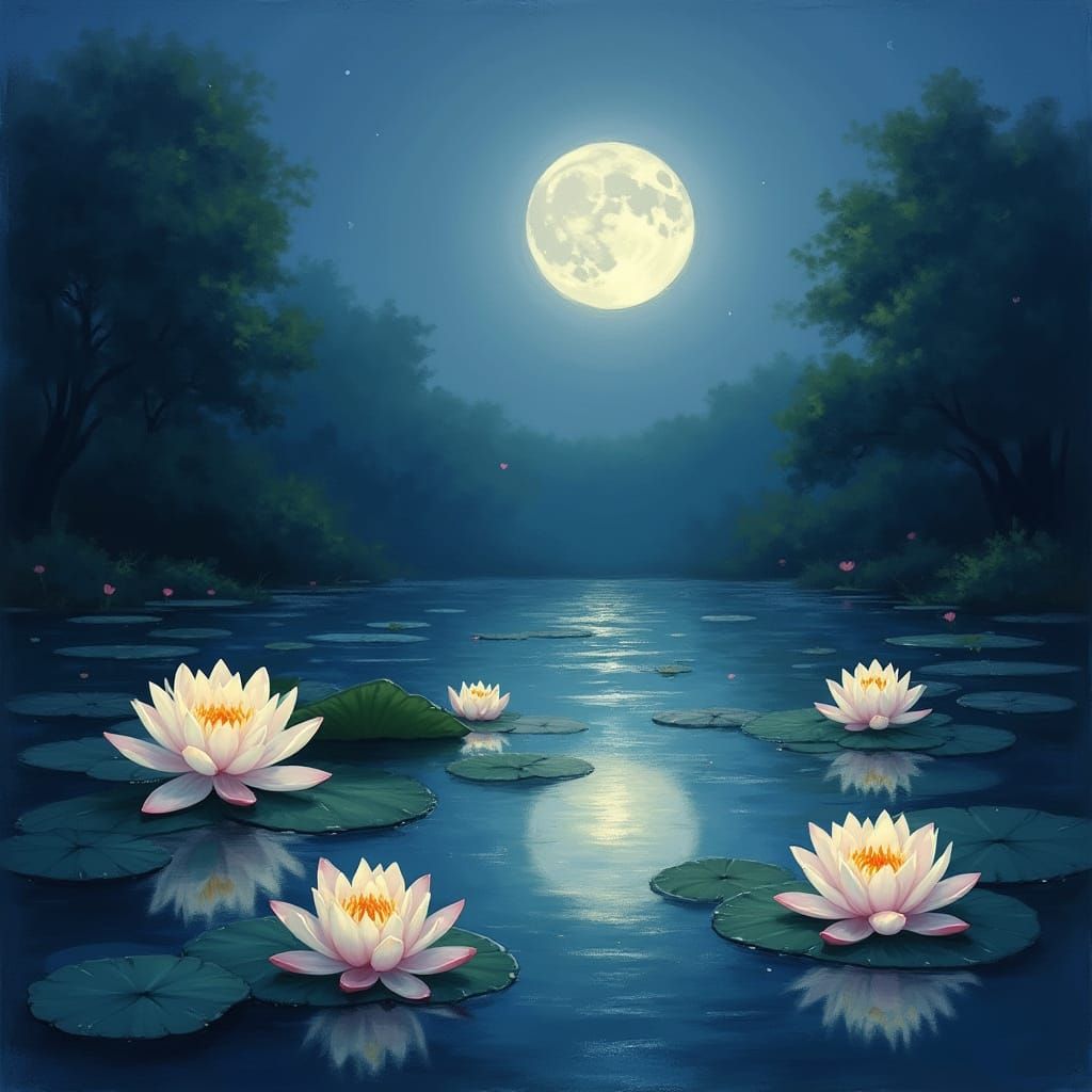 Surreal Moonlit Garden Scene in Impressionistic Style