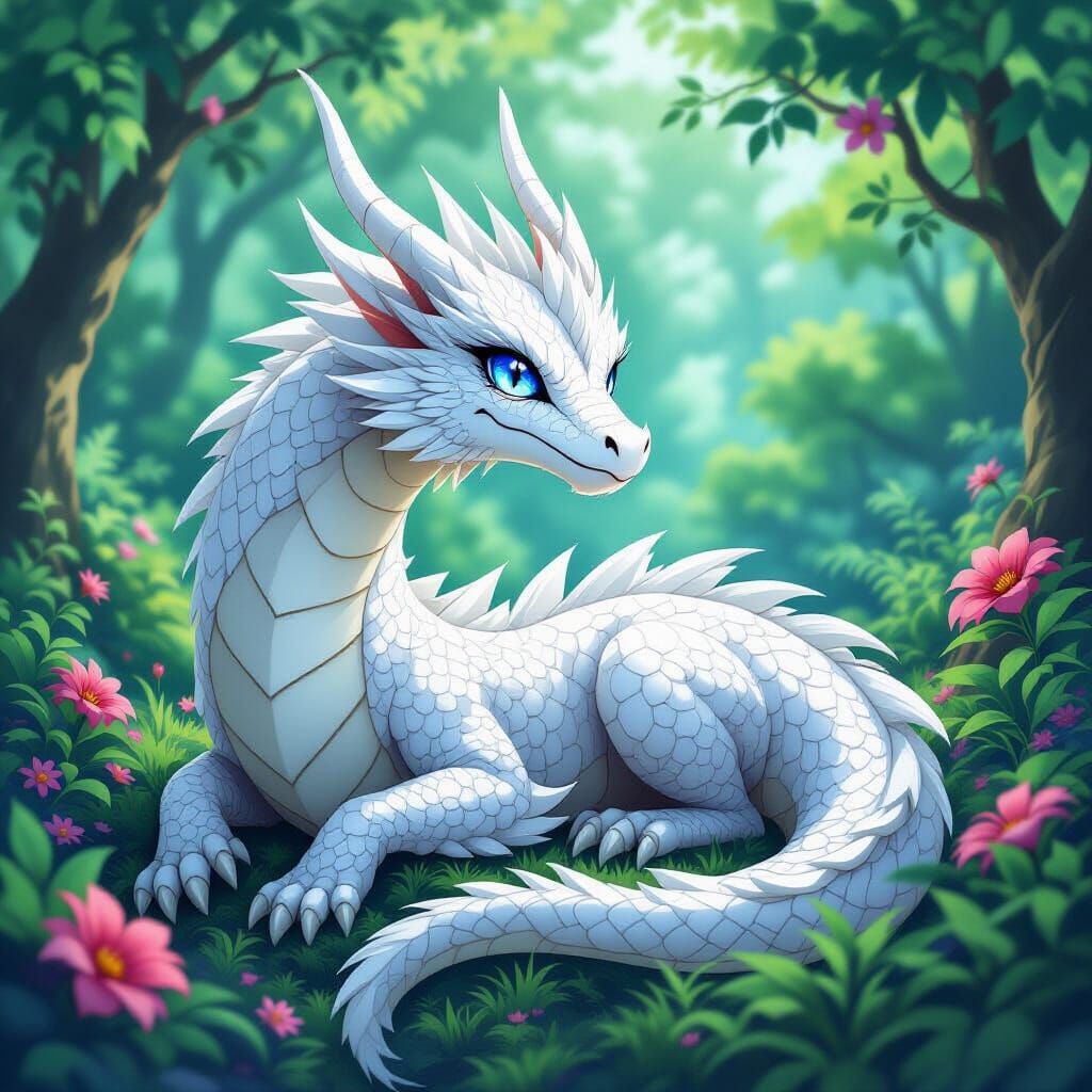 Majestic White Dragon in Vibrant Forest, Manga Scan
