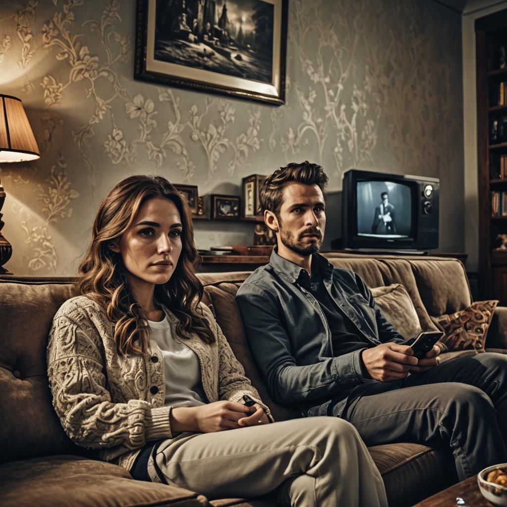Young Couple Watching TV in Hyperrealistic Detail