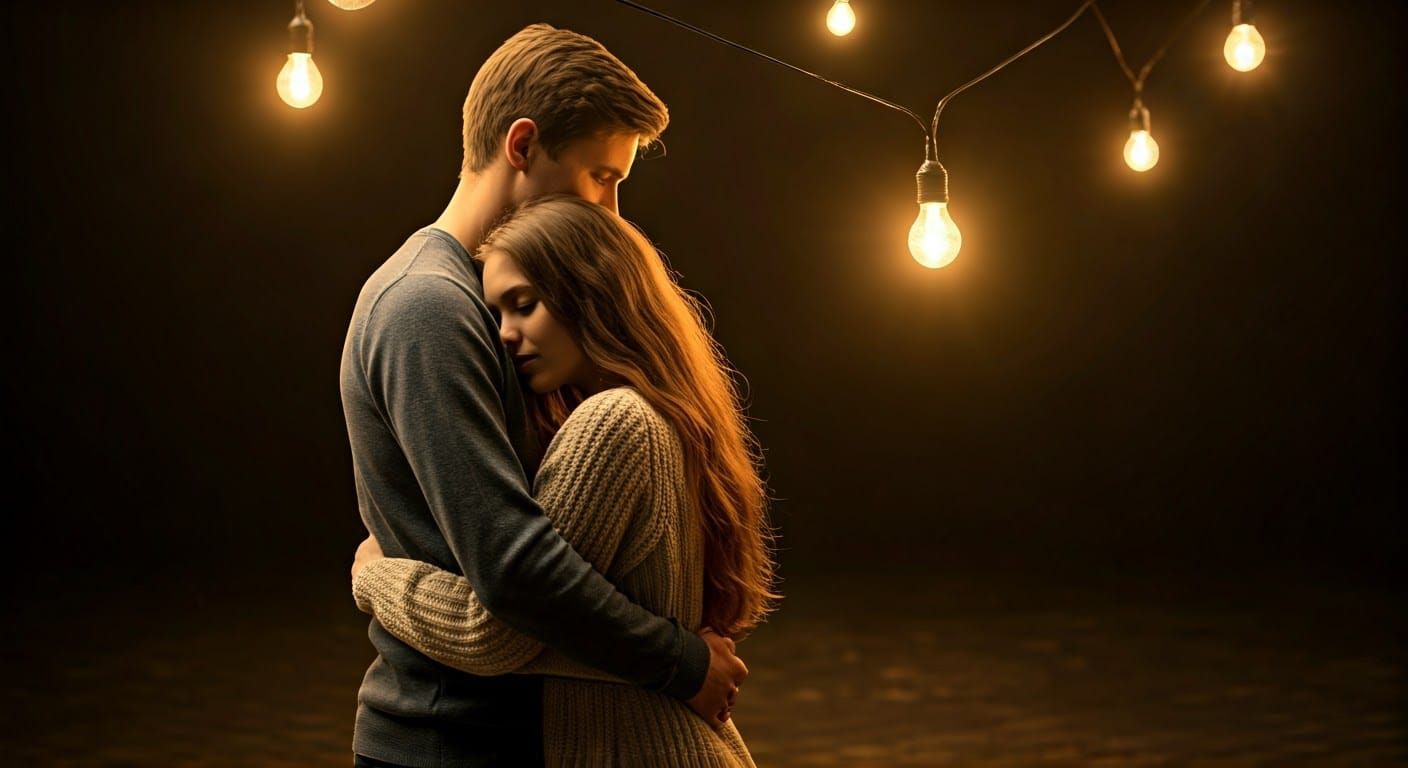 Couple Embrace Under Glowing Lights: Studio Photography