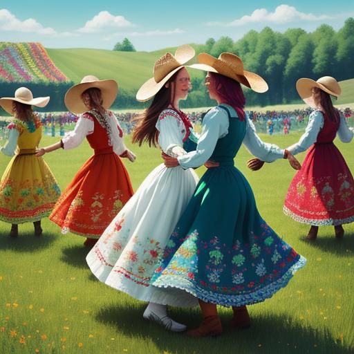 Happy Cowgirls Dancing in a Polish Meadow