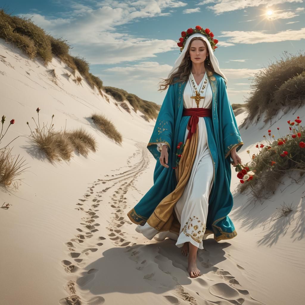Virgin Mary on Sandy Path with Red Roses