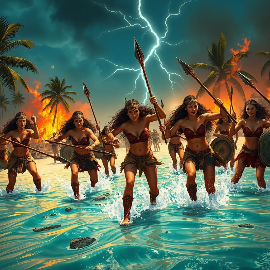 Amazon Warrior Women Engage in Epic Beachside Battle