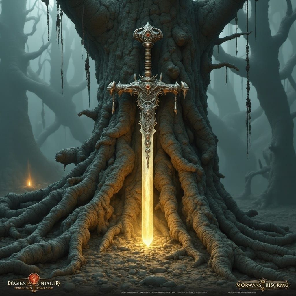 Rune-Covered Sword Embedded in Gnarled Tree Roots