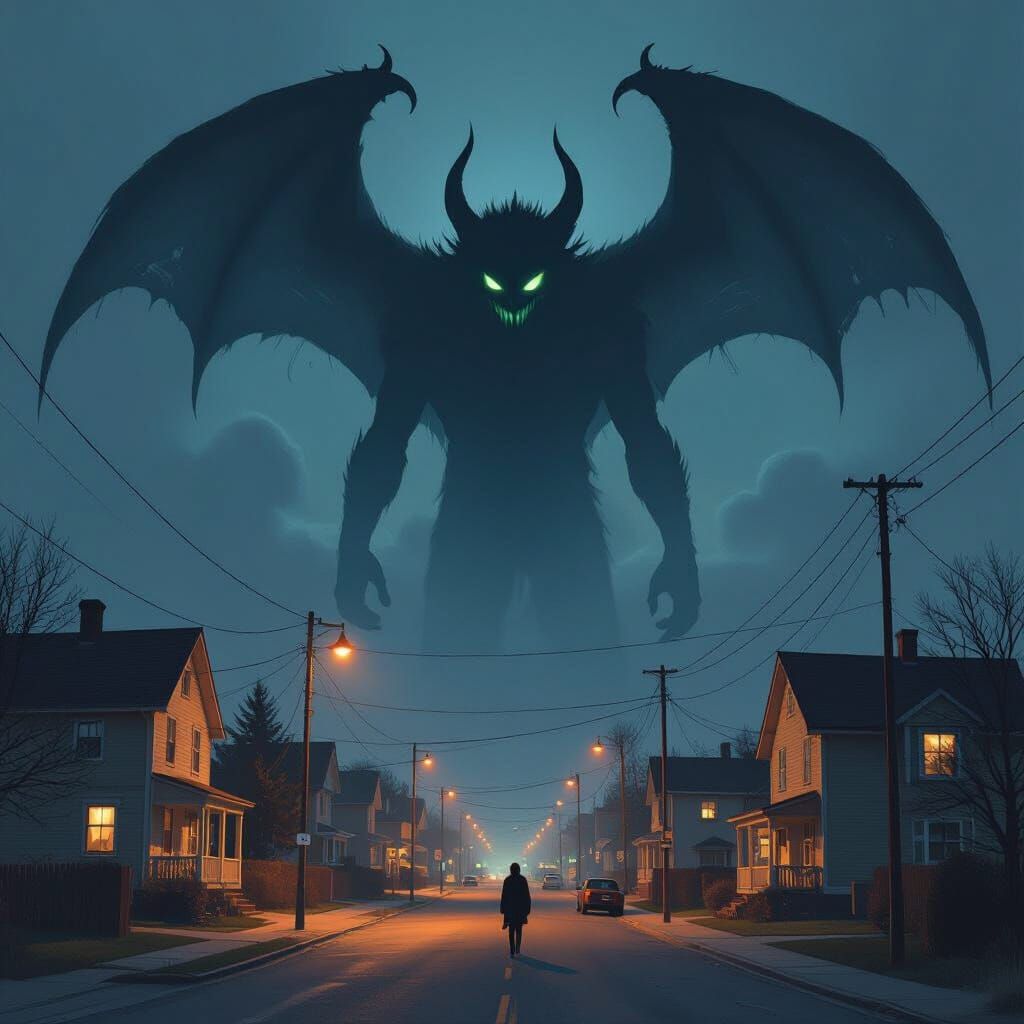 Hyperrealistic 1960s Town Under Shadowy Threat