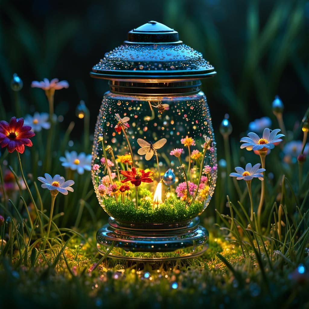 Intricate Glass Oil Lamp with Flowers and Fireflies