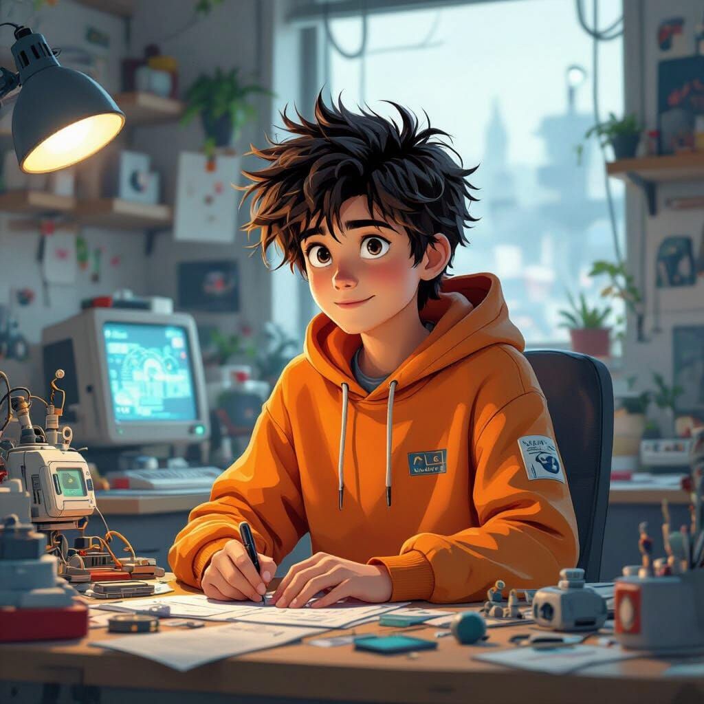 Inventor at Workbench in Pixar-Inspired Style