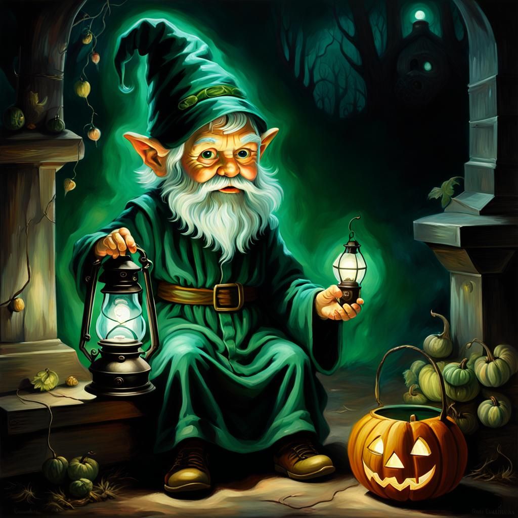 Gnome Child in Ghostly Costume, Surreal Oil Painting