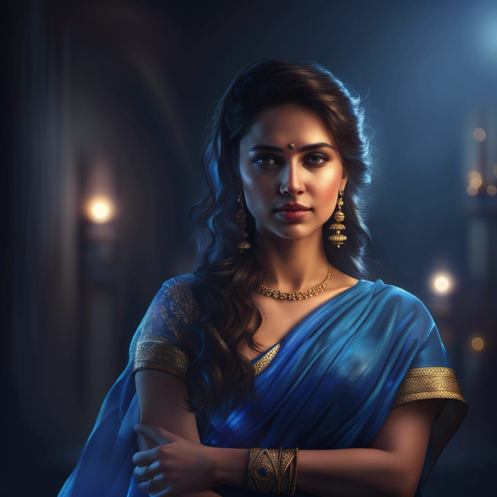 Beautiful Indian Girl in Blue Saree, Realistic 8k