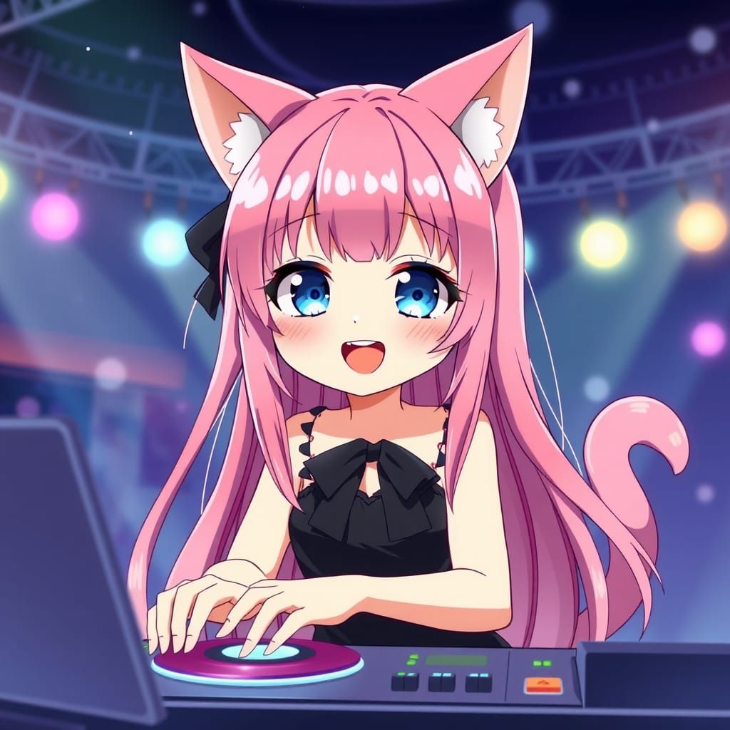 Cute Catgirl DJ in Anime Style with Pink Hair