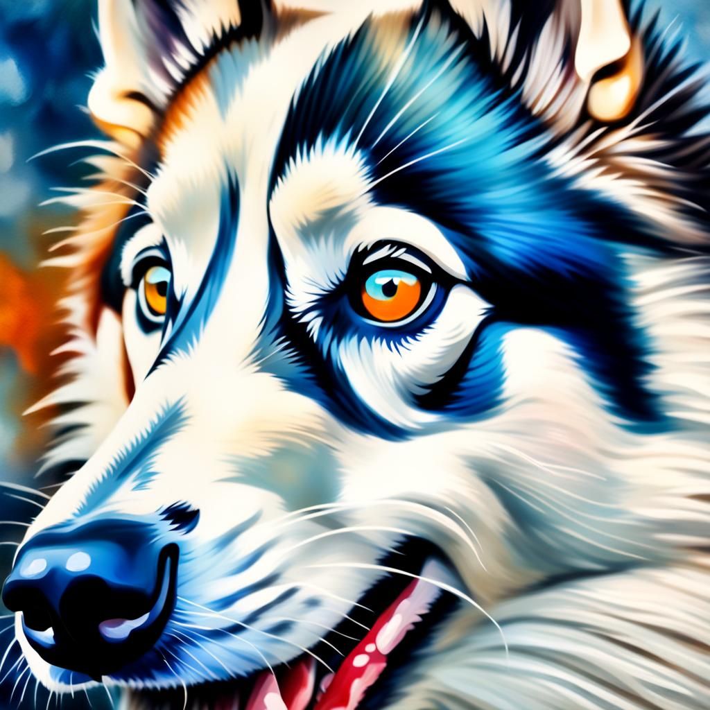 Siberian Husky Portrait in Oil with Exaggerated Perspective