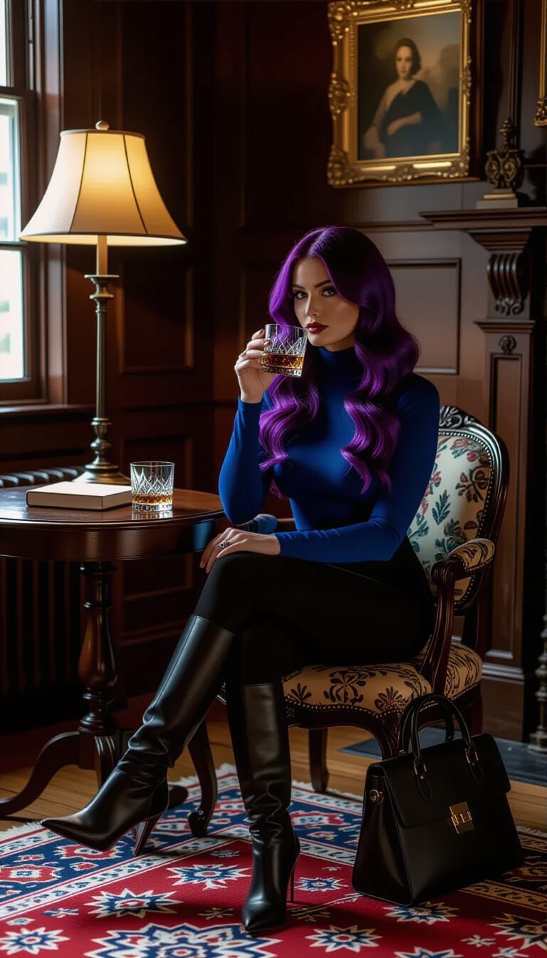 Woman Sips Whisky in Dark English Mansion