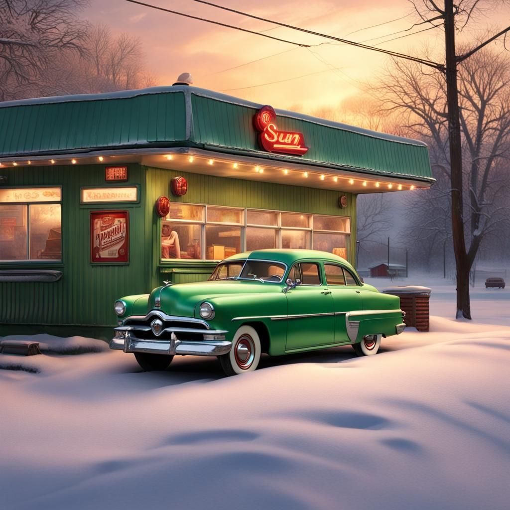 Goddess Reading on a 1950s Ford, Matte Painting