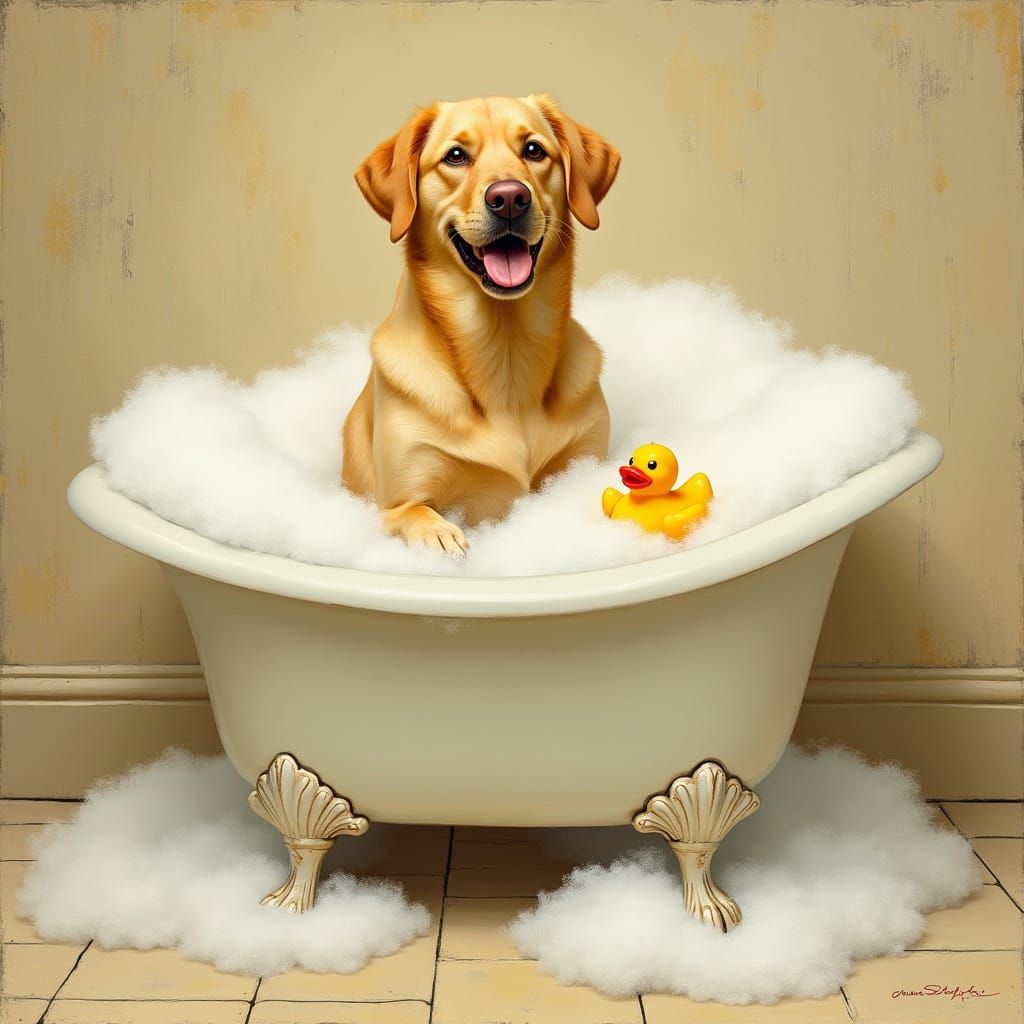Cheerful Yellow Lab in a Vintage Bathtub Scene