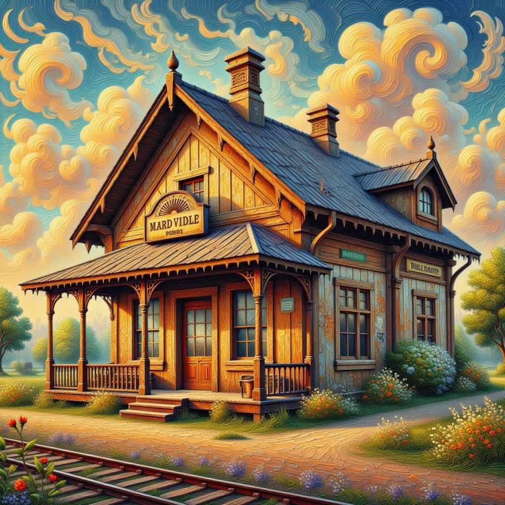 Idyllic Train Depot at Sunset in Impasto Style