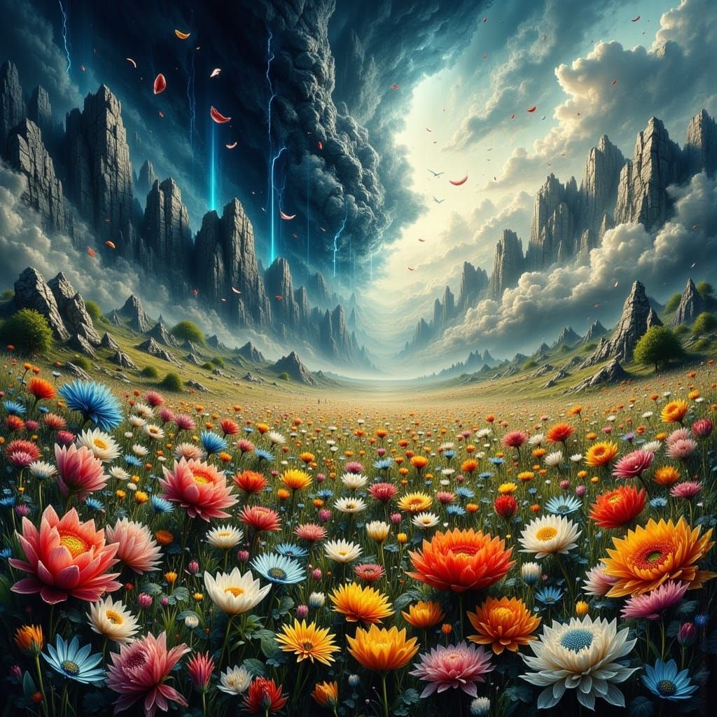 Dramatic Landscape with Flowers in Dreamlike Style