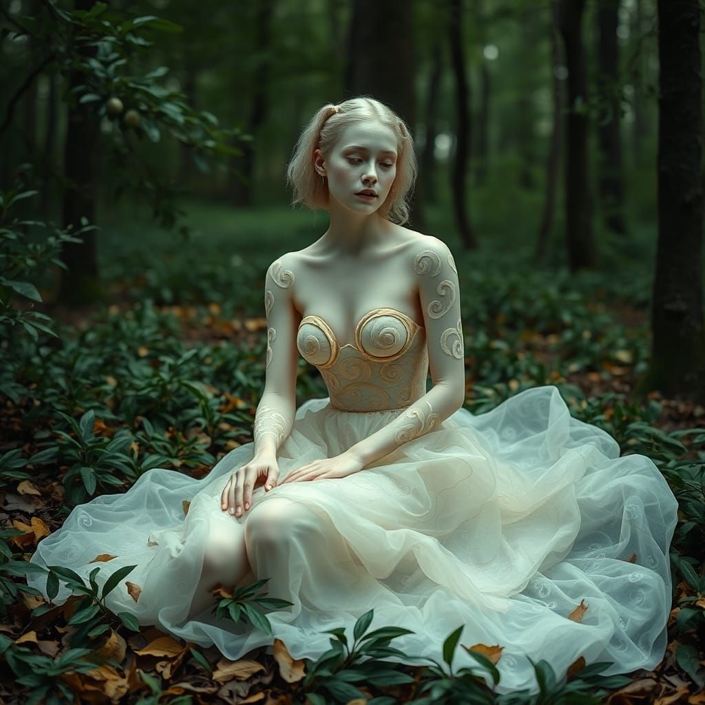 Woman in Olive Gown: Hyperrealistic Forest Scene