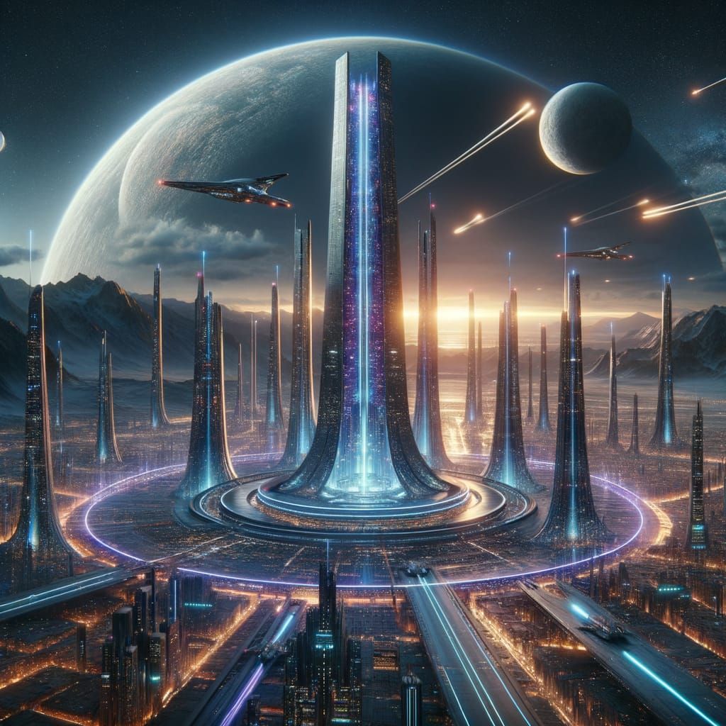 Twilight Extraterrestrial Metropolis in Hyper-Realism