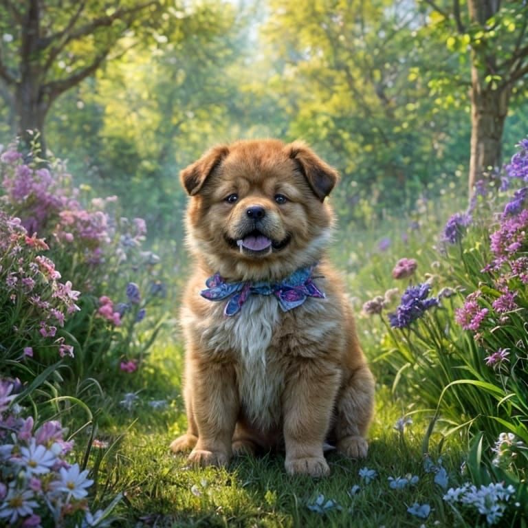 A fluffy chow chow and her adorable puppies playing joyfully...