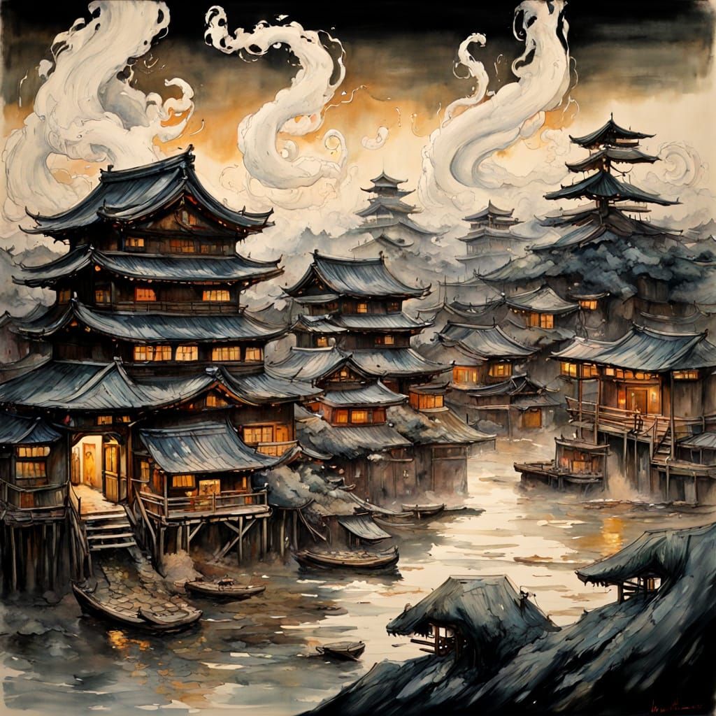 Giant Squid Attack on Village in Sumi-e Watercolor Style