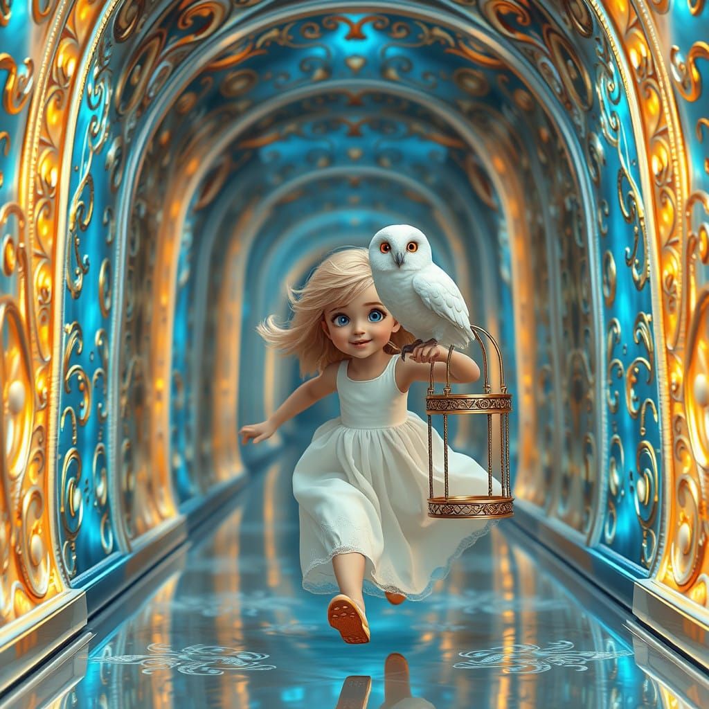 Fantastical Girl and Owl in Dreamy Corridor