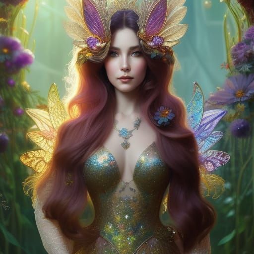 Fairy Dragon Portrait with Glitter Flowers