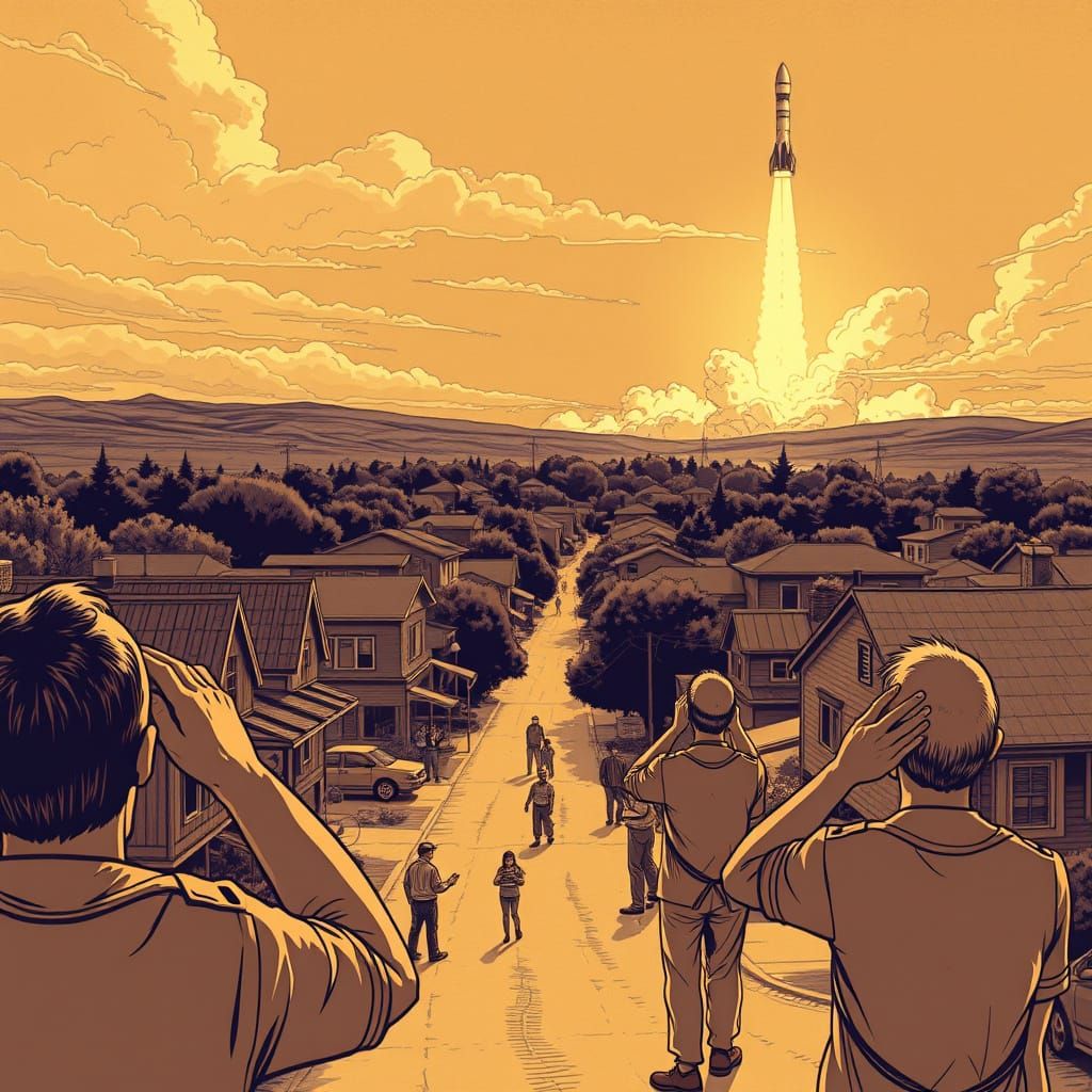 1960s Town Watches Apollo 11 Launch as Comic Art